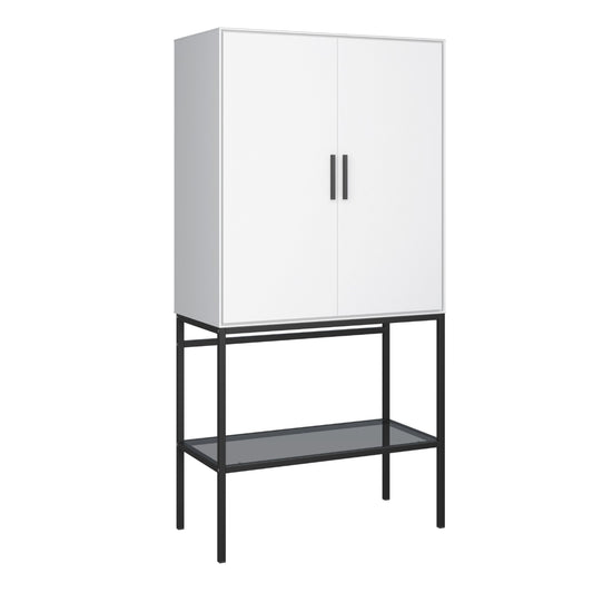 Furniture To Go Slimline 2 Door Tall Cabinet in Pure White with Steel Black Legs