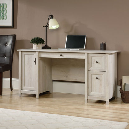 Teknik Office Chalked Wood Computer Desk with a chalked effect chestnut finish, 2 storage drawers, a flip down keyboard drawer and vertical storage area.