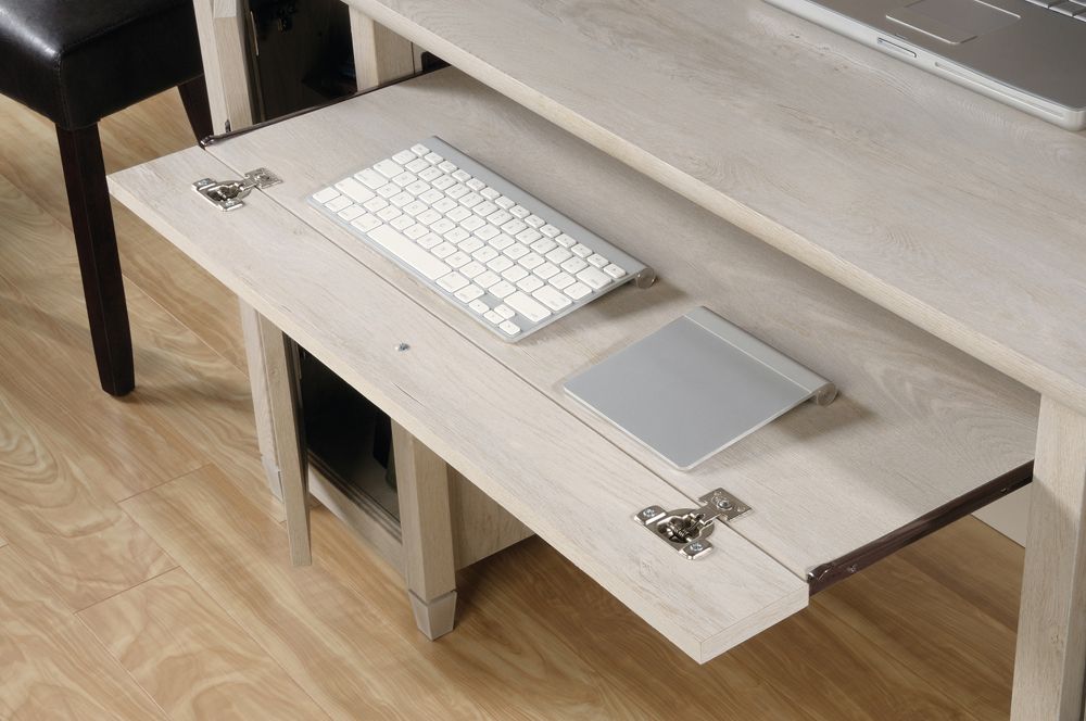 Teknik Office Chalked Wood Computer Desk with a chalked effect chestnut finish, 2 storage drawers, a flip down keyboard drawer and vertical storage area.