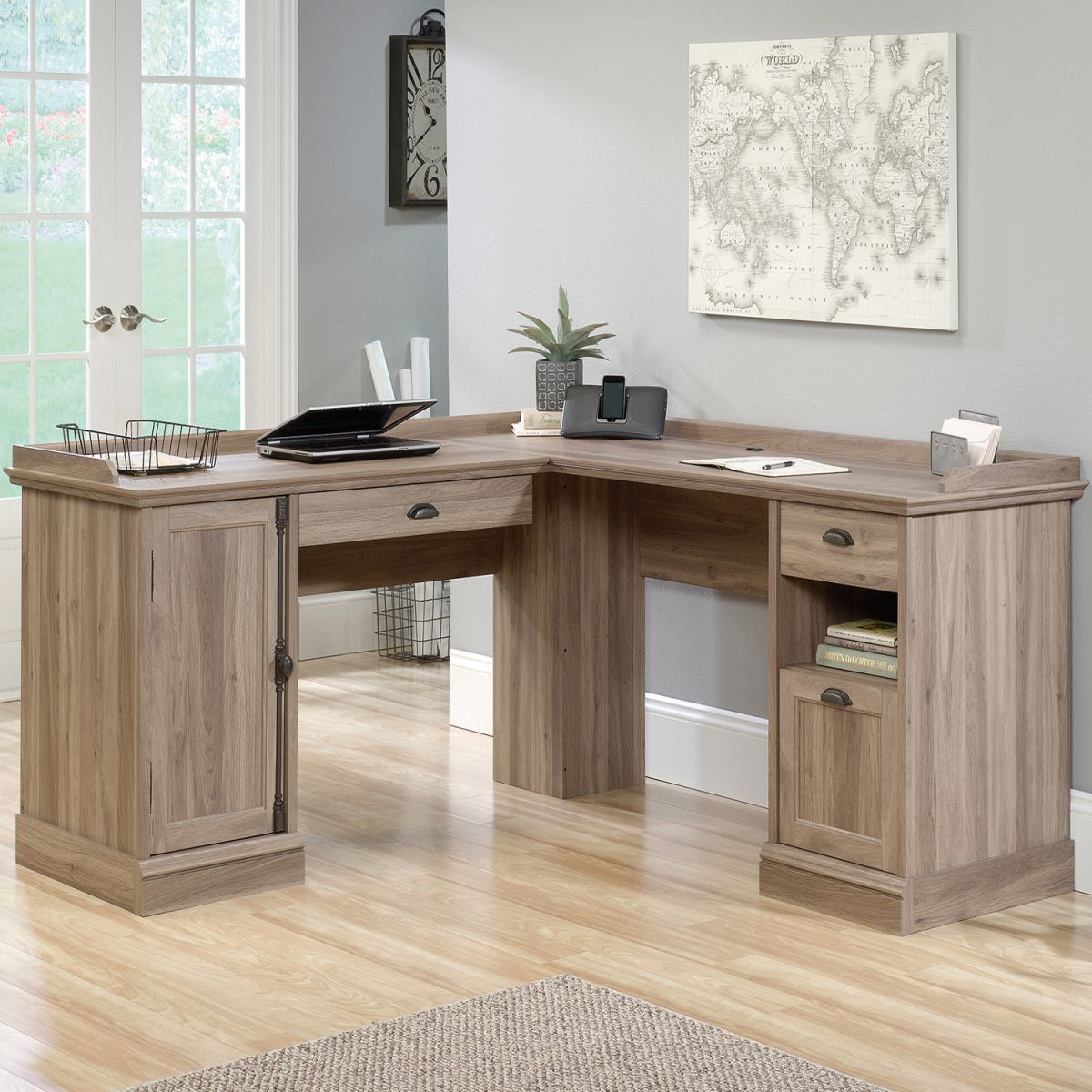 Teknik Office Barrister Home L-shaped Desk Salt Oat Finish with Moveable Drawers