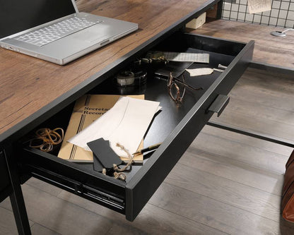 Teknik Office Boulevard L Shaped Desk with Black Finish, 2 filer drawer and one cupboard with an adjustable shelf and stylish wire mesh with contrasting Vintage Oak Accent effect.