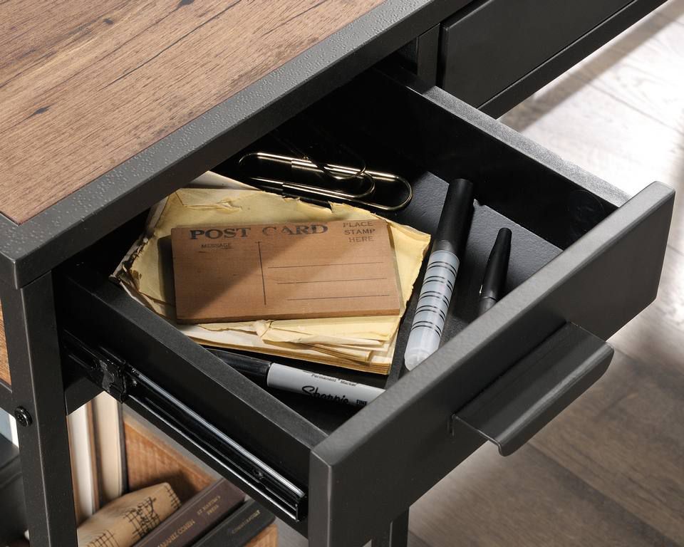 Teknik Office Boulevard L Shaped Desk with Black Finish, 2 filer drawer and one cupboard with an adjustable shelf and stylish wire mesh with contrasting Vintage Oak Accent effect.