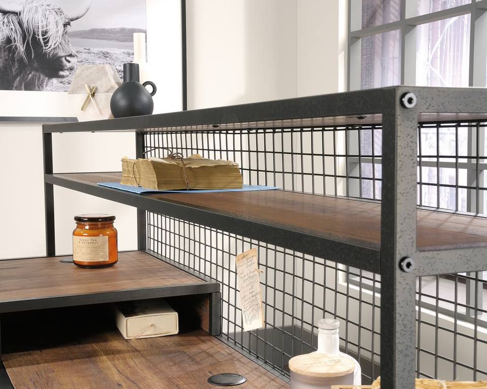 Teknik Office Boulevard L Shaped Desk with Black Finish, 2 filer drawer and one cupboard with an adjustable shelf and stylish wire mesh with contrasting Vintage Oak Accent effect.