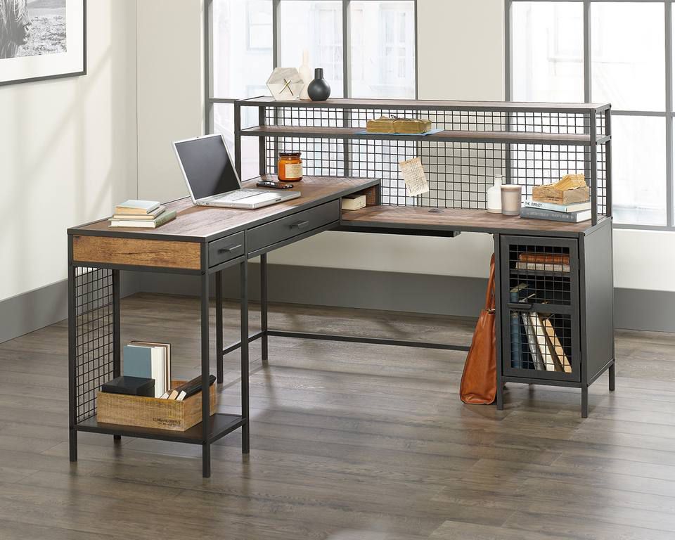 Teknik Office Boulevard L Shaped Desk with Black Finish, 2 filer drawer and one cupboard with an adjustable shelf and stylish wire mesh with contrasting Vintage Oak Accent effect.