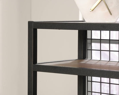 Teknik Office Boulevard L Shaped Desk with Black Finish, 2 filer drawer and one cupboard with an adjustable shelf and stylish wire mesh with contrasting Vintage Oak Accent effect.