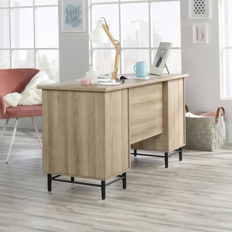 Teknik Office Six Drawers Avon Leather Handled Desk with Sky Oak Effect Finish and White Accents