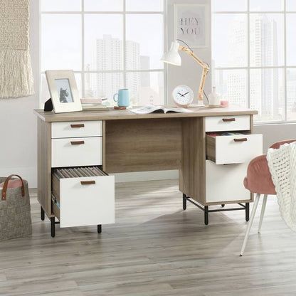 Teknik Office Six Drawers Avon Leather Handled Desk with Sky Oak Effect Finish and White Accents