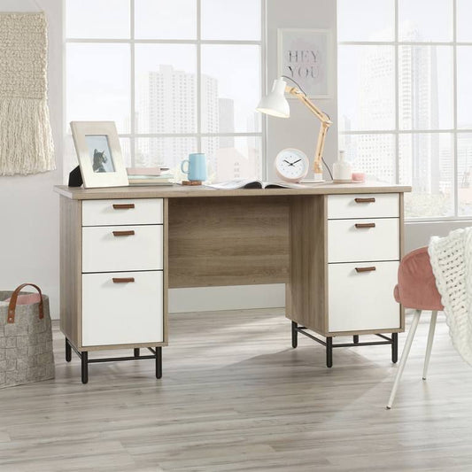 Teknik Office Six Drawers Avon Leather Handled Desk with Sky Oak Effect Finish and White Accents