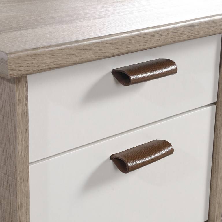 Teknik Office Six Drawers Avon Leather Handled Desk with Sky Oak Effect Finish and White Accents