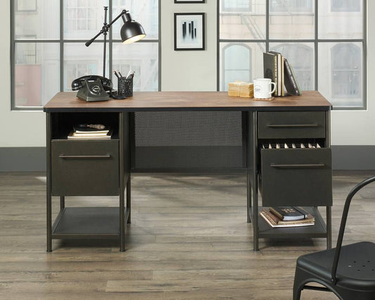 Teknik Office Boulevard Café Desk with Black Finish, three filer drawers, two shelves and one cubbyhole for additional storage and contrasting Vintage Oak Accent effect