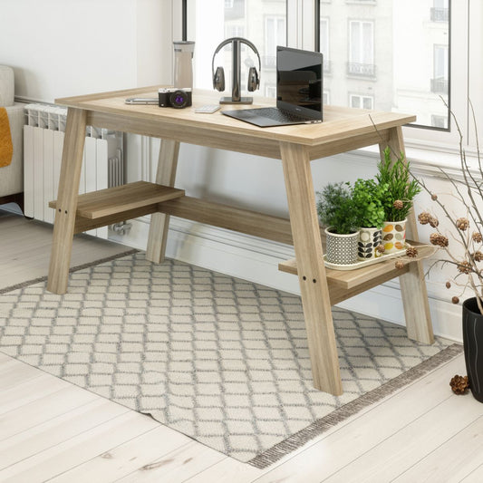 Teknik Office Baylor Trestle Desk in Sonoma Oak Finish with Two Open Shelves