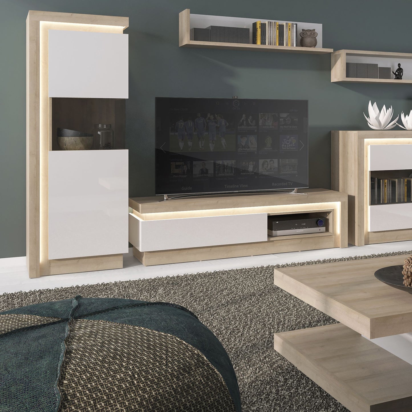 Furniture To Go Lyon 3 Door Glazed Sideboard in Riviera Oak/White High Gloss