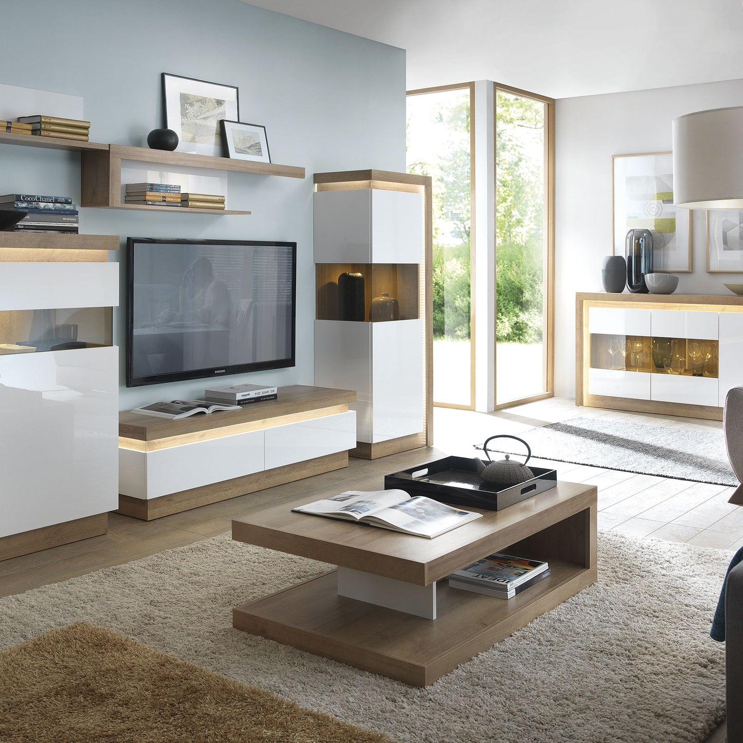 Furniture To Go Lyon 3 Door Glazed Sideboard in Riviera Oak/White High Gloss