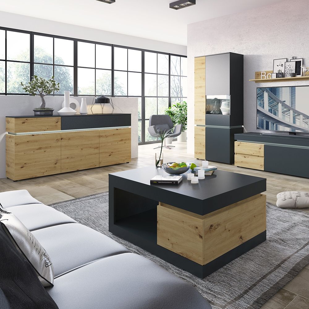 Furniture To Go Luci 3 Door 2 Drawer Sideboard (including LED lighting) in Platinum and Oak