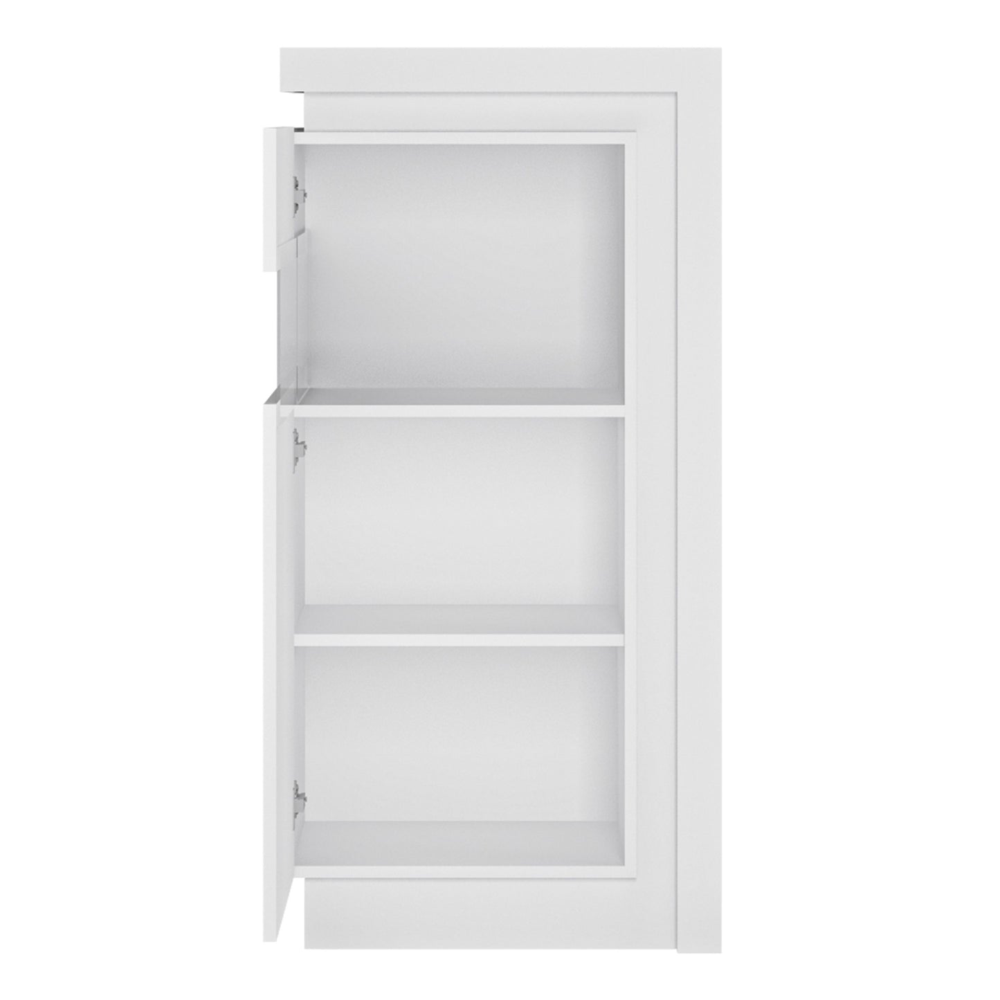 Furniture To Lyon Narrow Display Cabinet (RHD) 123.6cm High (including LED lighting) in White and High Gloss