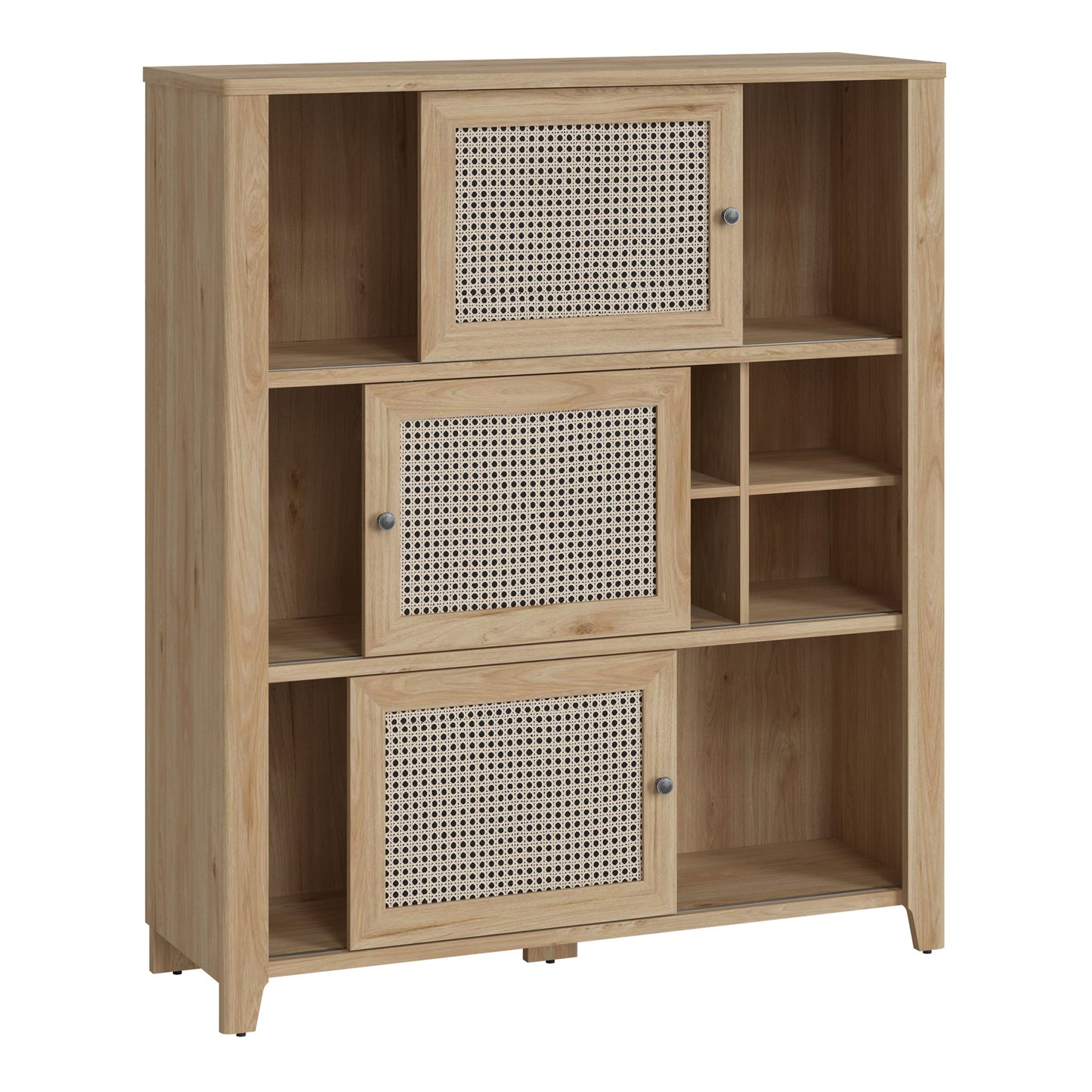 Furniture To Go Cestino 3 Sliding Door Cabinet in Jackson Hickory Oak and Rattan Effect