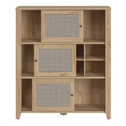 Furniture To Go Cestino 3 Sliding Door Cabinet in Jackson Hickory Oak and Rattan Effect