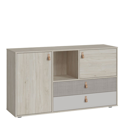 Furniture To Go Denim 2 Door 2 Drawer Sideboard in Light Walnut, Grey Fabric Effect and Cashmere