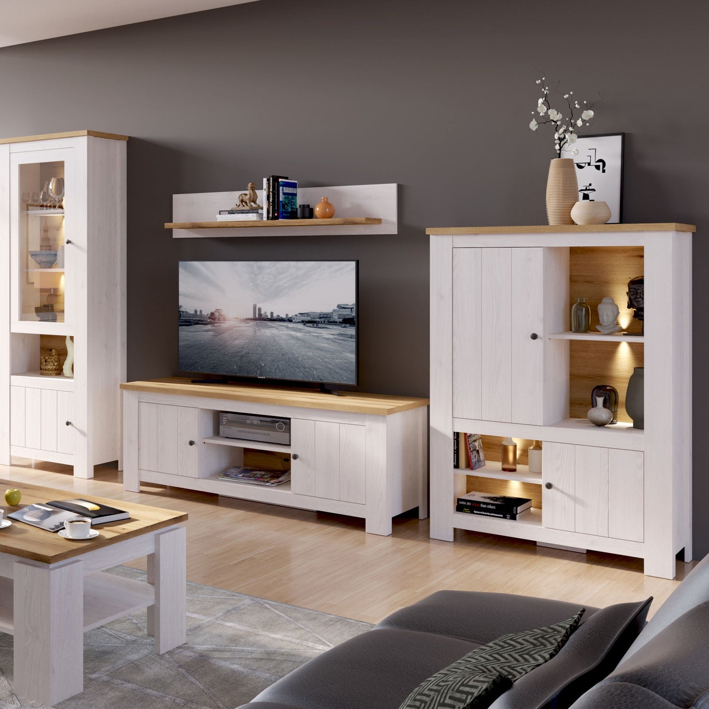 Furniture To Go Celesto 2 Door 4 Shelves Cabinet in White and Oak