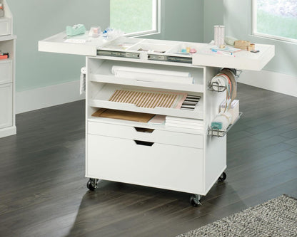 Teknik Office Craft Cart in White Finish with 2 Adjustable Shelves and Storage Drawer