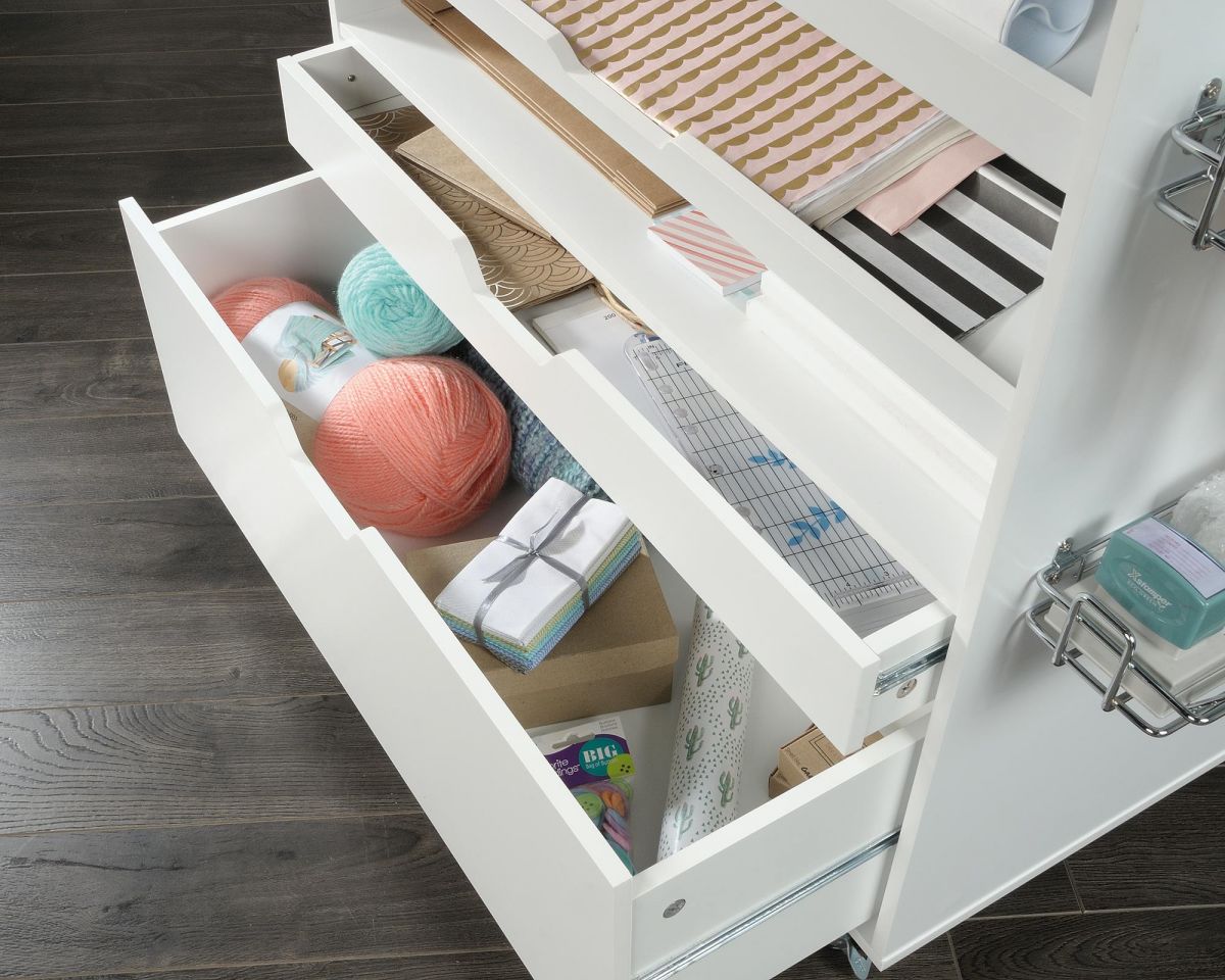 Teknik Office Craft Cart in White Finish with 2 Adjustable Shelves and Storage Drawer