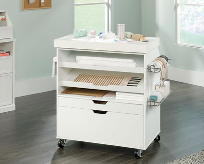 Teknik Office Craft Cart in White Finish with 2 Adjustable Shelves and Storage Drawer