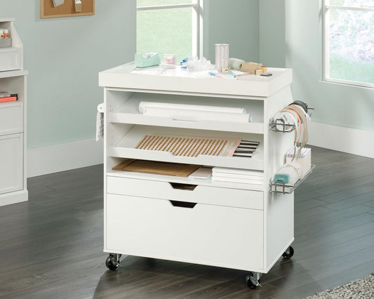 Teknik Office Craft Cart in White Finish with 2 Adjustable Shelves and Storage Drawer