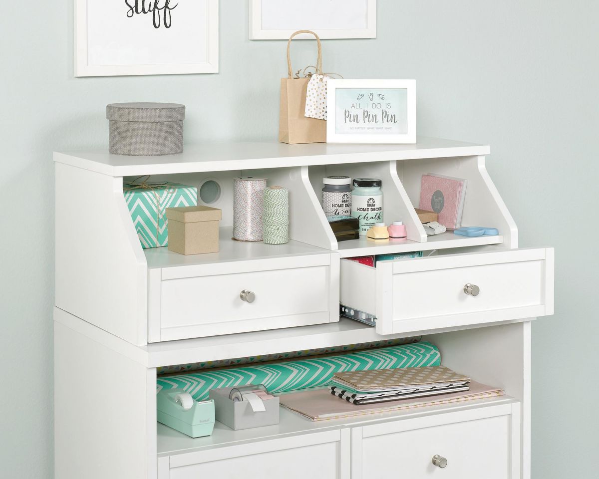 Teknik Office Craft Organiser Hutch in White Finish with 2 Storage Drawers and Cubbyhole Shelving