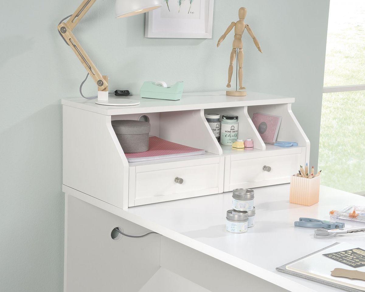 Teknik Office Craft Organiser Hutch in White Finish with 2 Storage Drawers and Cubbyhole Shelving