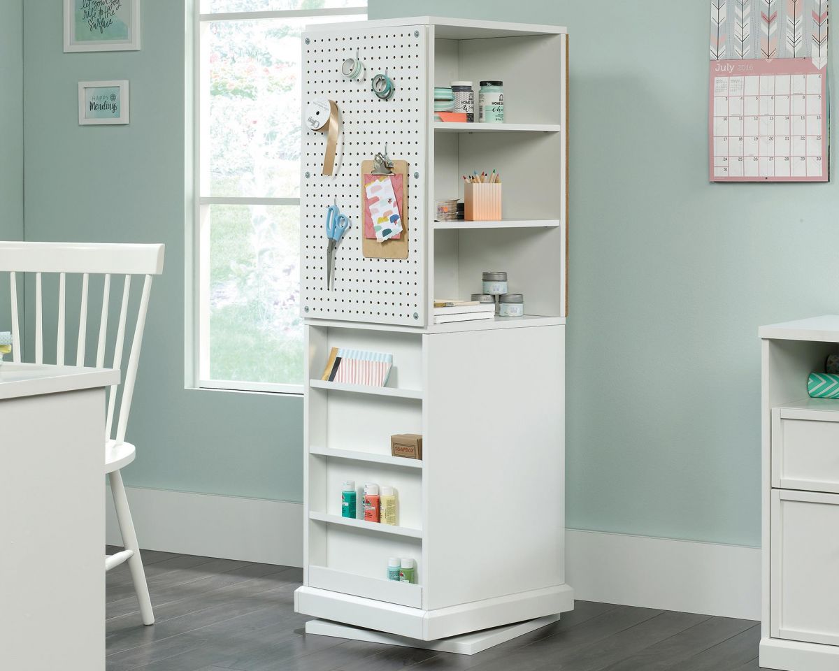 Teknik Office Craft Tower in White Finish with swivel base for easy access to storage spaces on all sides