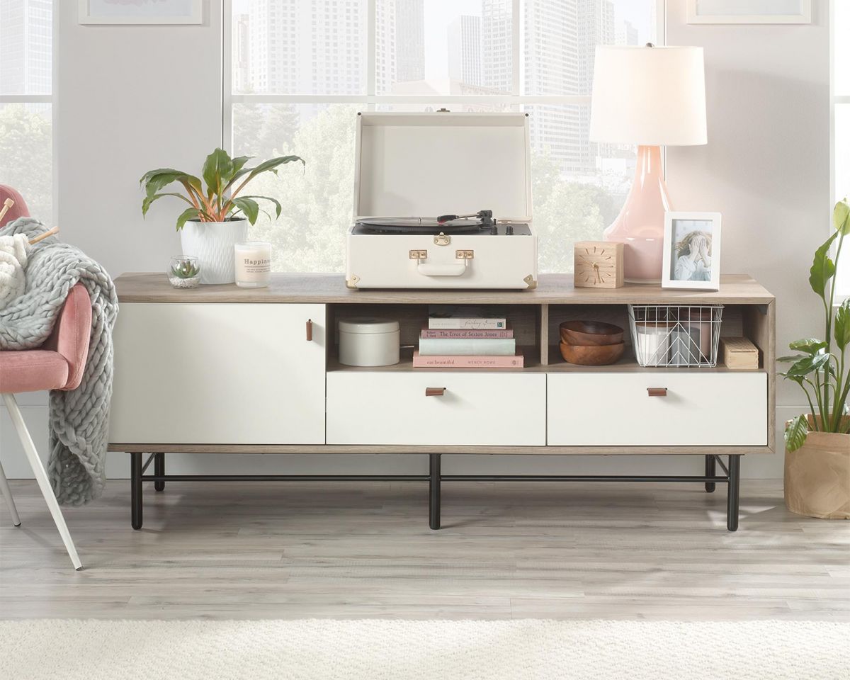 Teknik Office Avon Tv Stand or Credenza in Sky Oak Finish with White Accents