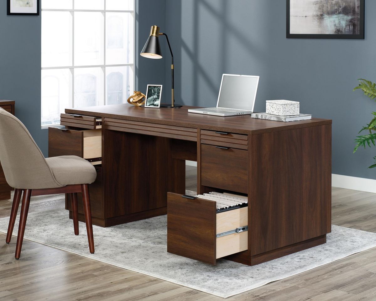 Teknik Office Elstree Executive Desk in Spiced Mahogany Finish with Two Pencil Drawers, Two Storage Drawers