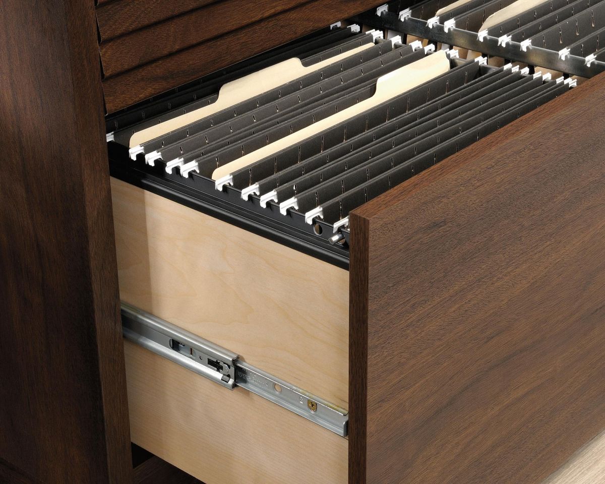 Teknik Office Elstree 2 Drawer Lateral Filer in Spiced Mahogany Finish with Stylish Louvre-style Detailing,