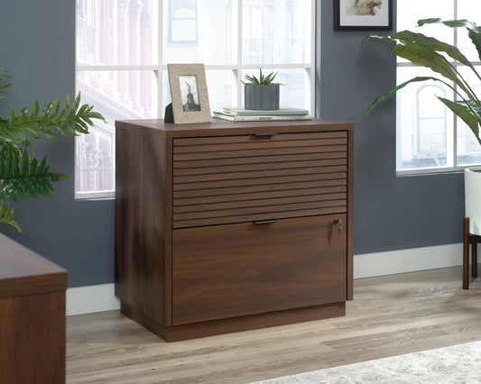 Teknik Office Elstree 2 Drawer Lateral Filer in Spiced Mahogany Finish with Stylish Louvre-style Detailing,