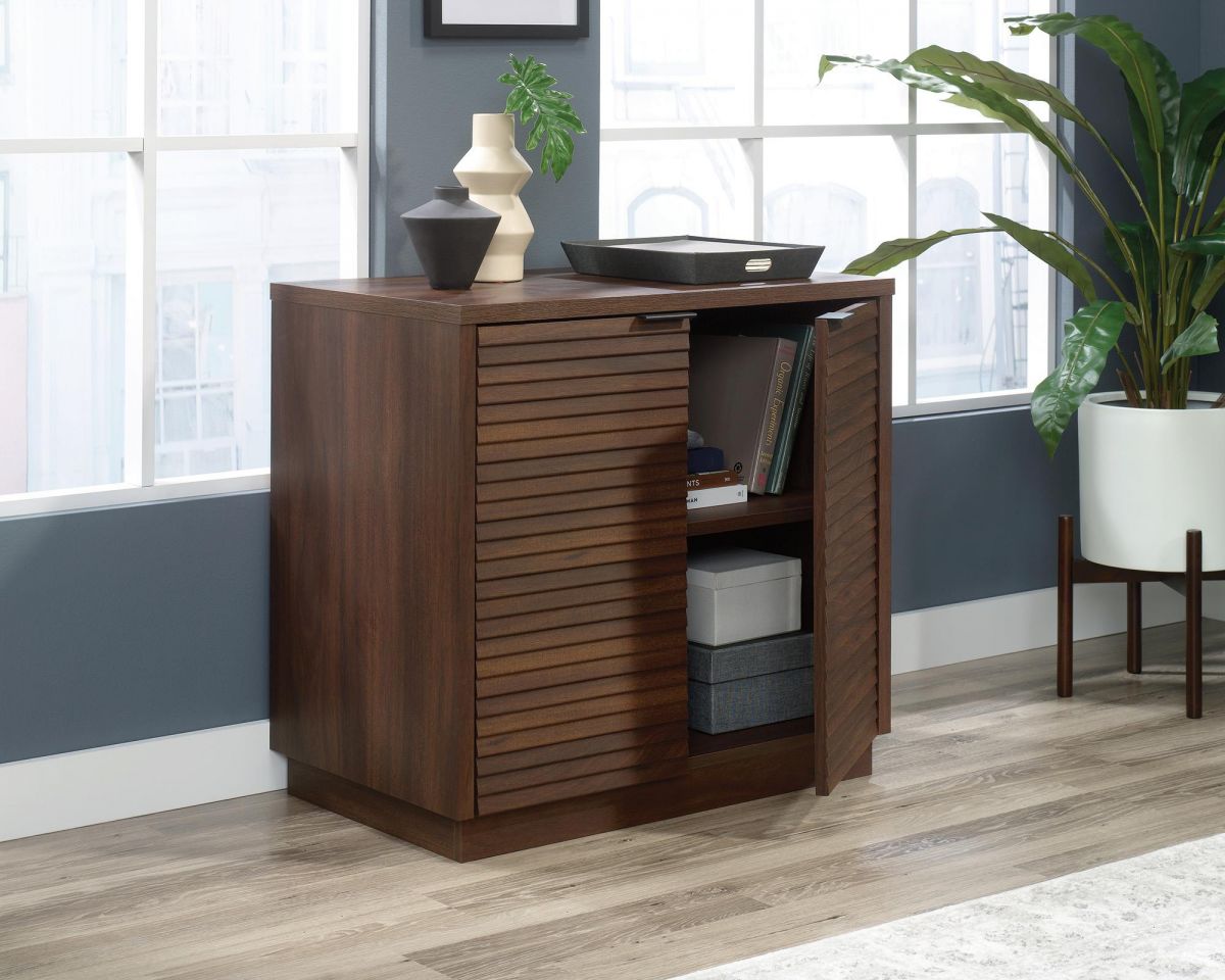 Teknik Office Elstree Storage Cabinet in Spiced Mahogany Finish with Stylish Louvre-style Detailing