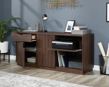 Teknik Office Elstree TV Stand Credenza in Spiced Mahogany Finish with Stylish Louvre-style Detailing