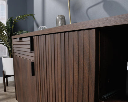 Teknik Office Elstree TV Stand Credenza in Spiced Mahogany Finish with Stylish Louvre-style Detailing