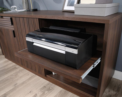 Teknik Office Elstree TV Stand Credenza in Spiced Mahogany Finish with Stylish Louvre-style Detailing