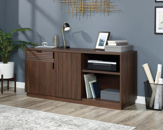 Teknik Office Elstree TV Stand Credenza in Spiced Mahogany Finish with Stylish Louvre-style Detailing