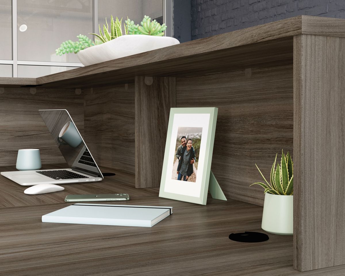 Teknik Office Affiliate 1800 Low Reception Hutch Desk in Hudson Elm Effect Finish with Clutter Free Storage