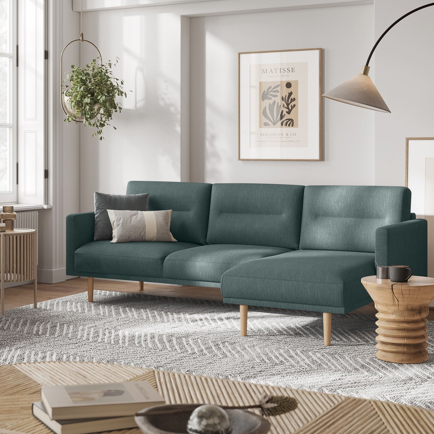 Furniture To Go Larvik Chaiselongue Sofa (RH) - Dark Green, Oak Legs