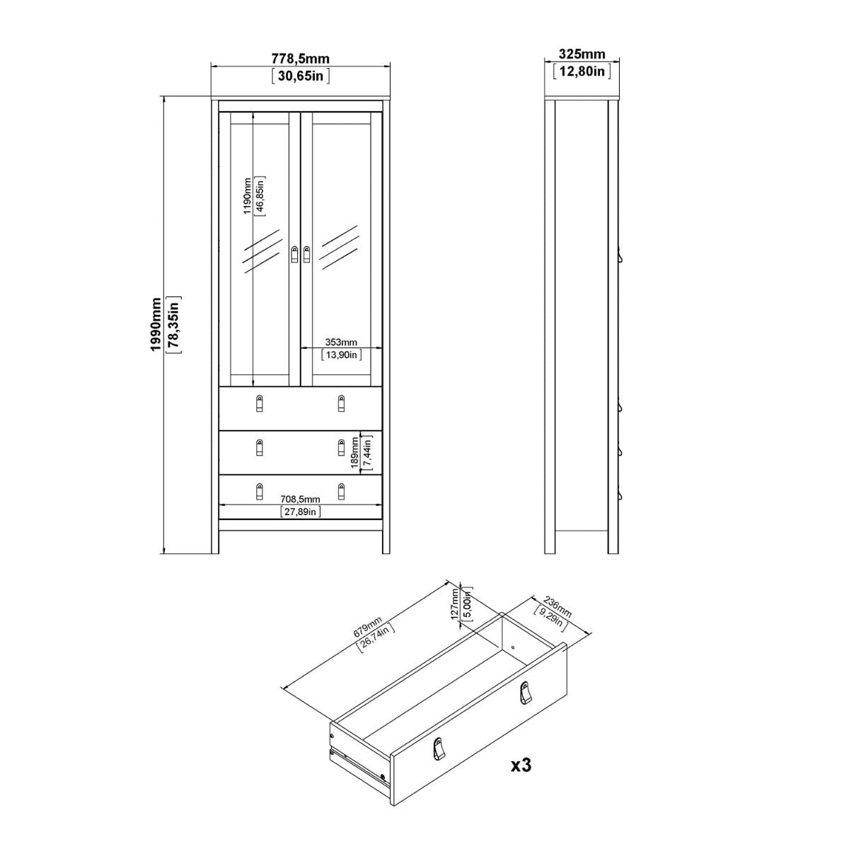 Furniture To Go Barcelona China Cabinet 2 Glass Doors with 3 Drawers in White