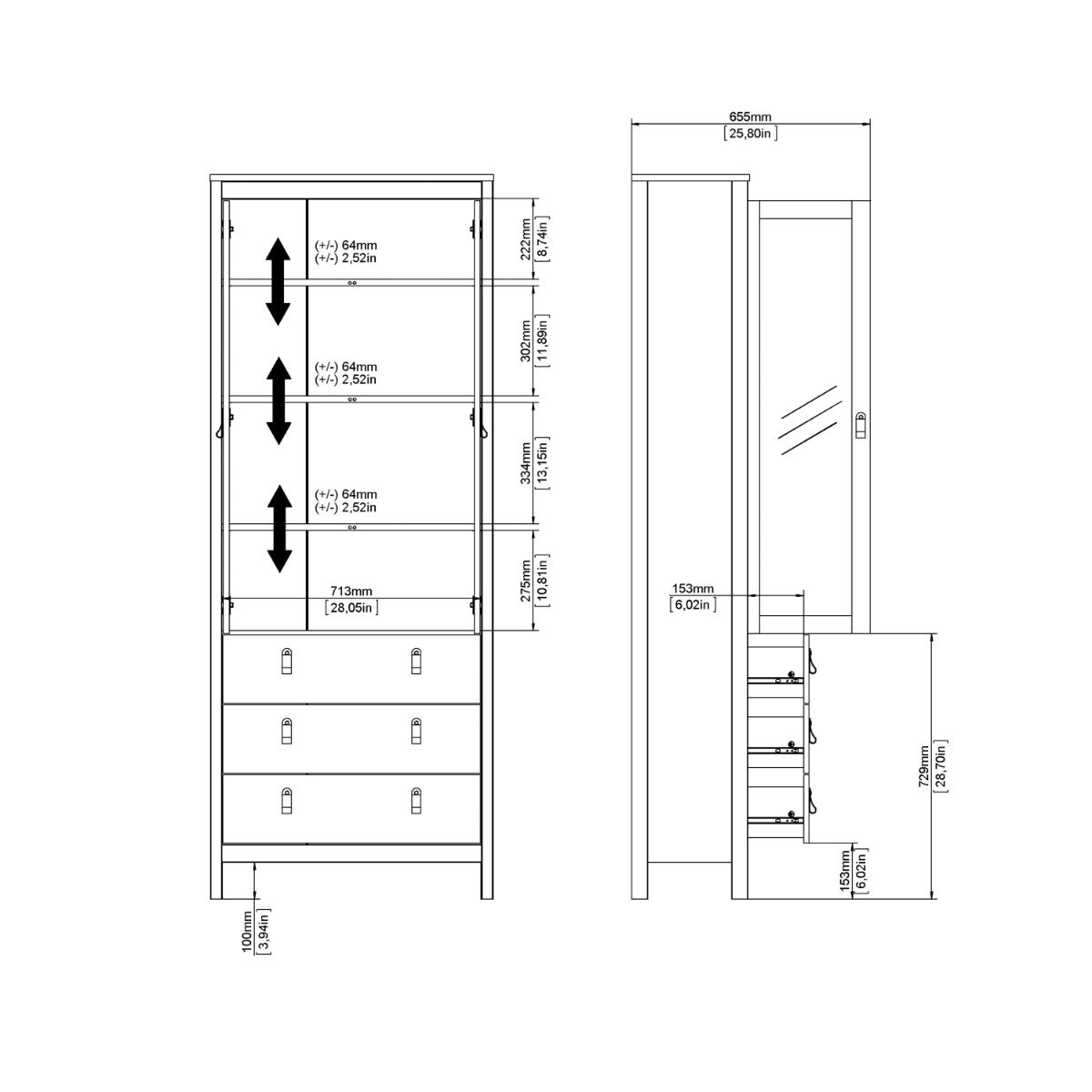 Furniture To Go Barcelona China Cabinet 2 Glass Doors with 3 Drawers in White