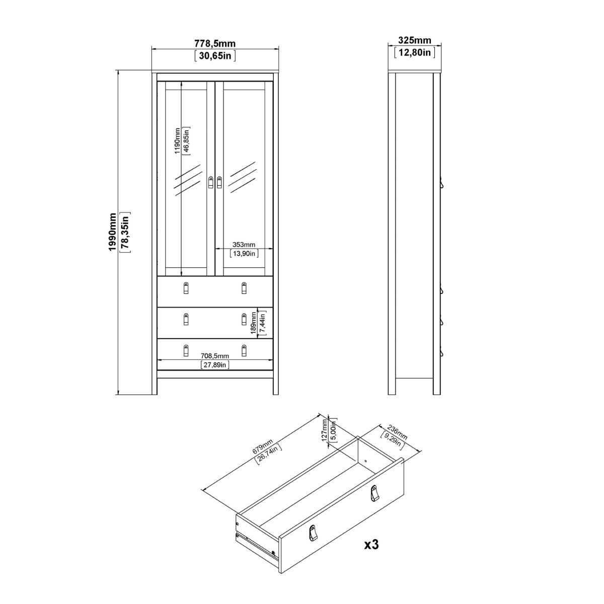 Furniture To Go Barcelona China Cabinet 2 Glass Doors with 3 Drawers in Matt Black