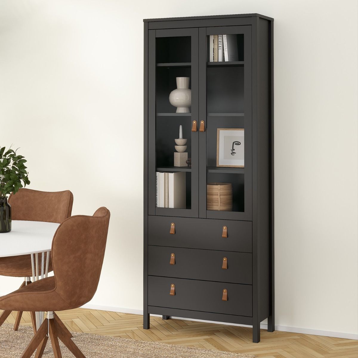 Furniture To Go Barcelona China Cabinet 2 Glass Doors with 3 Drawers in Matt Black