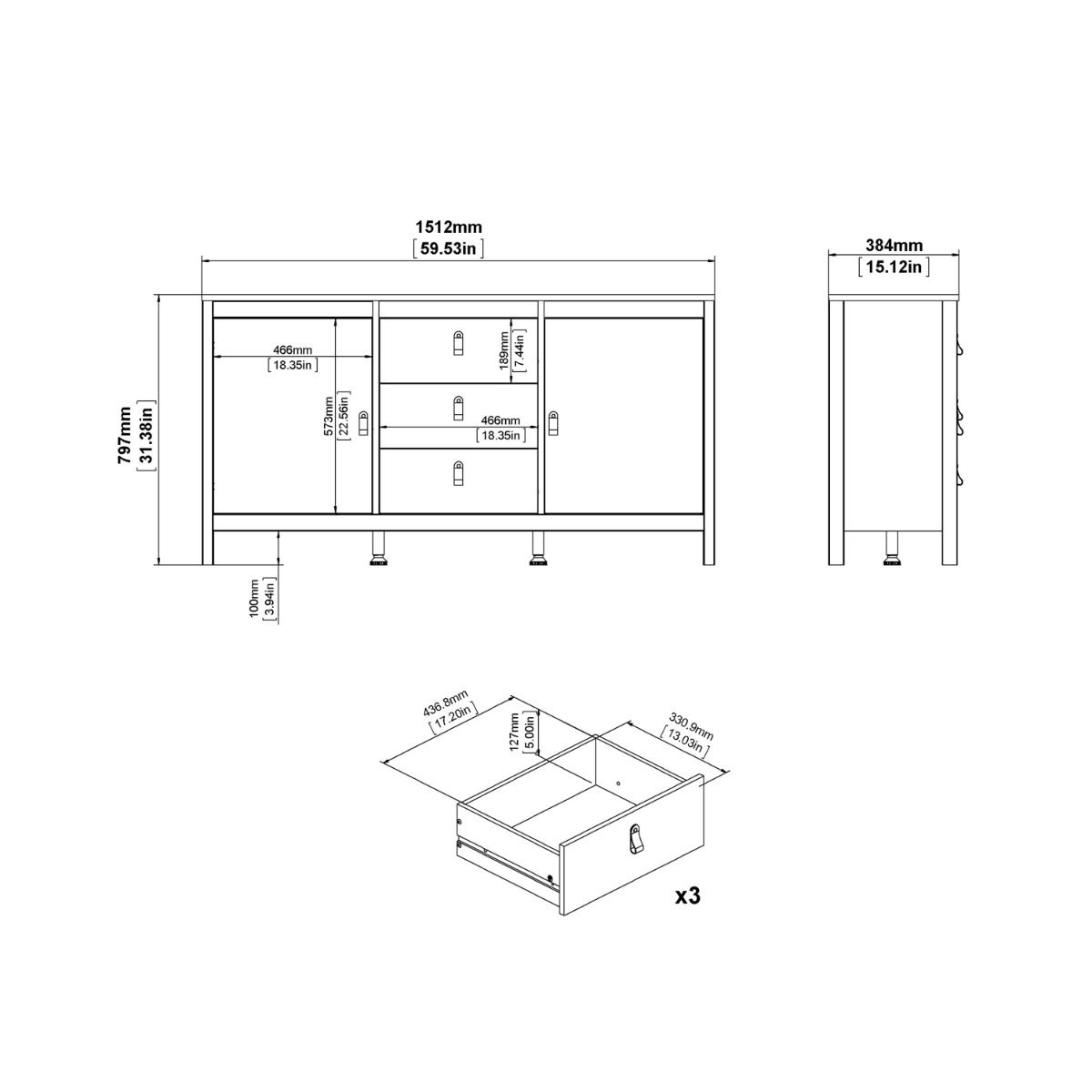 Furniture To Go Barcelona Sideboard 2 Doors 3 Drawers in White