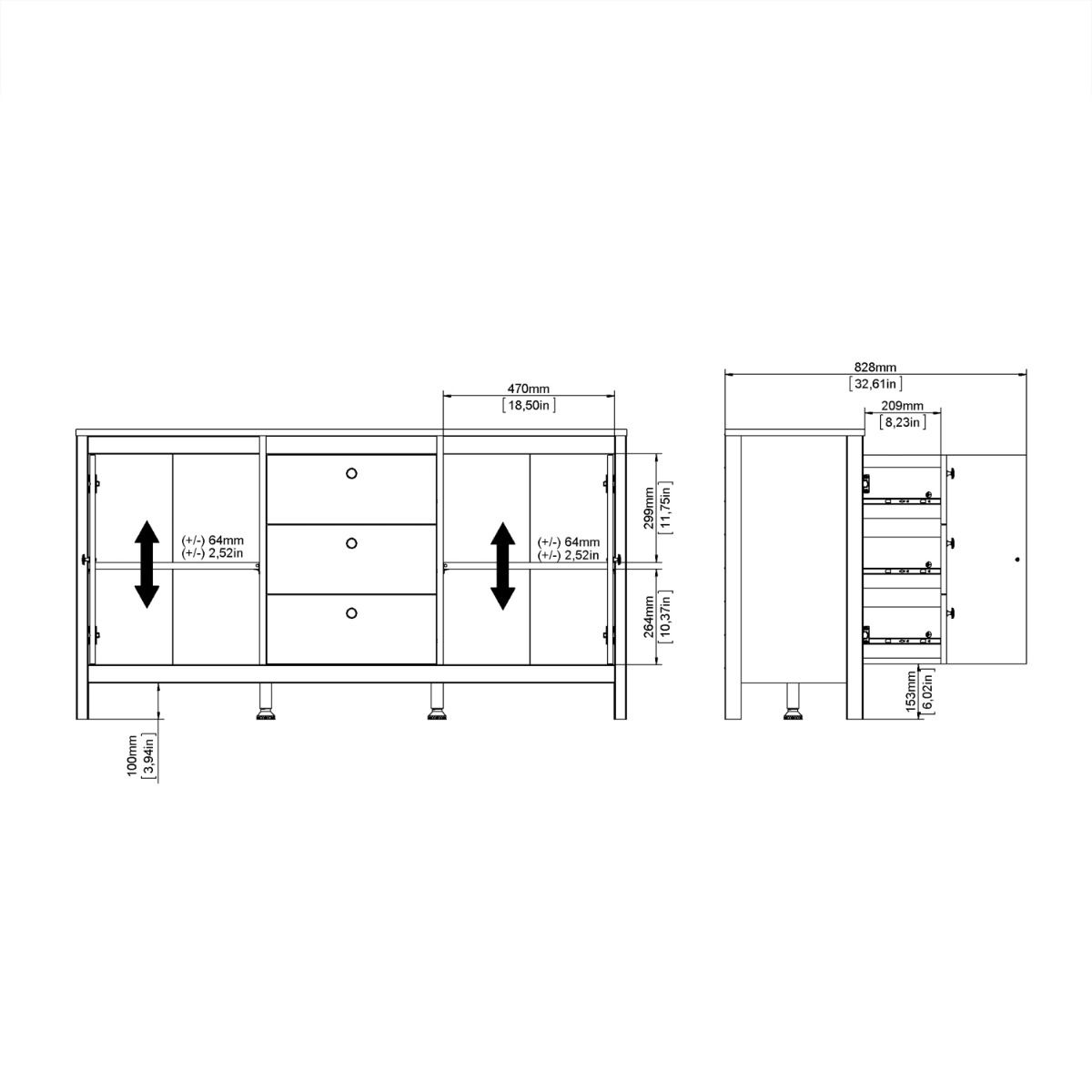 Furniture To Go Barcelona Sideboard 2 Doors 3 Drawers in Matt Black