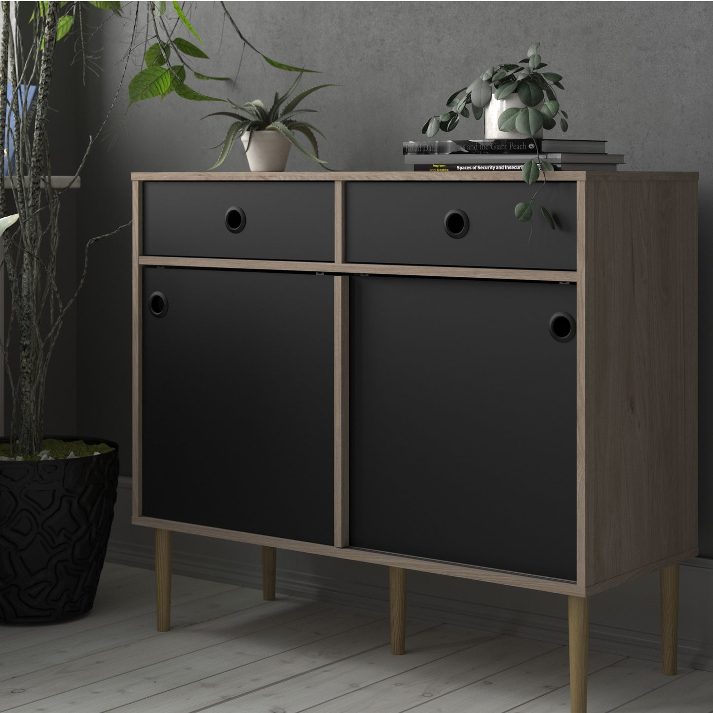 Furniture To Go Rome Sideboard 2 Sliding Doors 2 Drawers in Jackson Hickory Oak and Matt Black