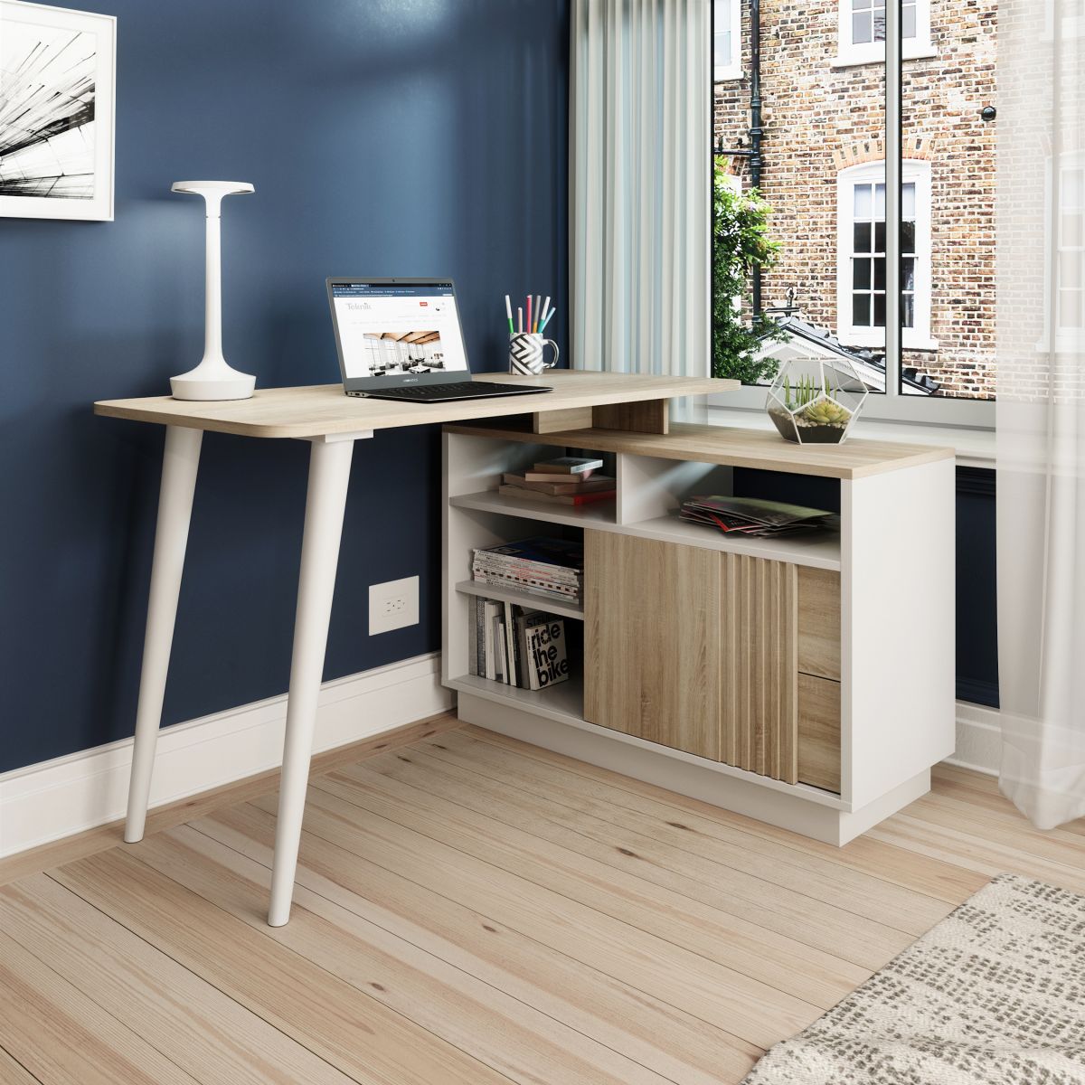 Teknik Office Bridge Desk with Two Storages in Sonoma Oak Effect and White Accents