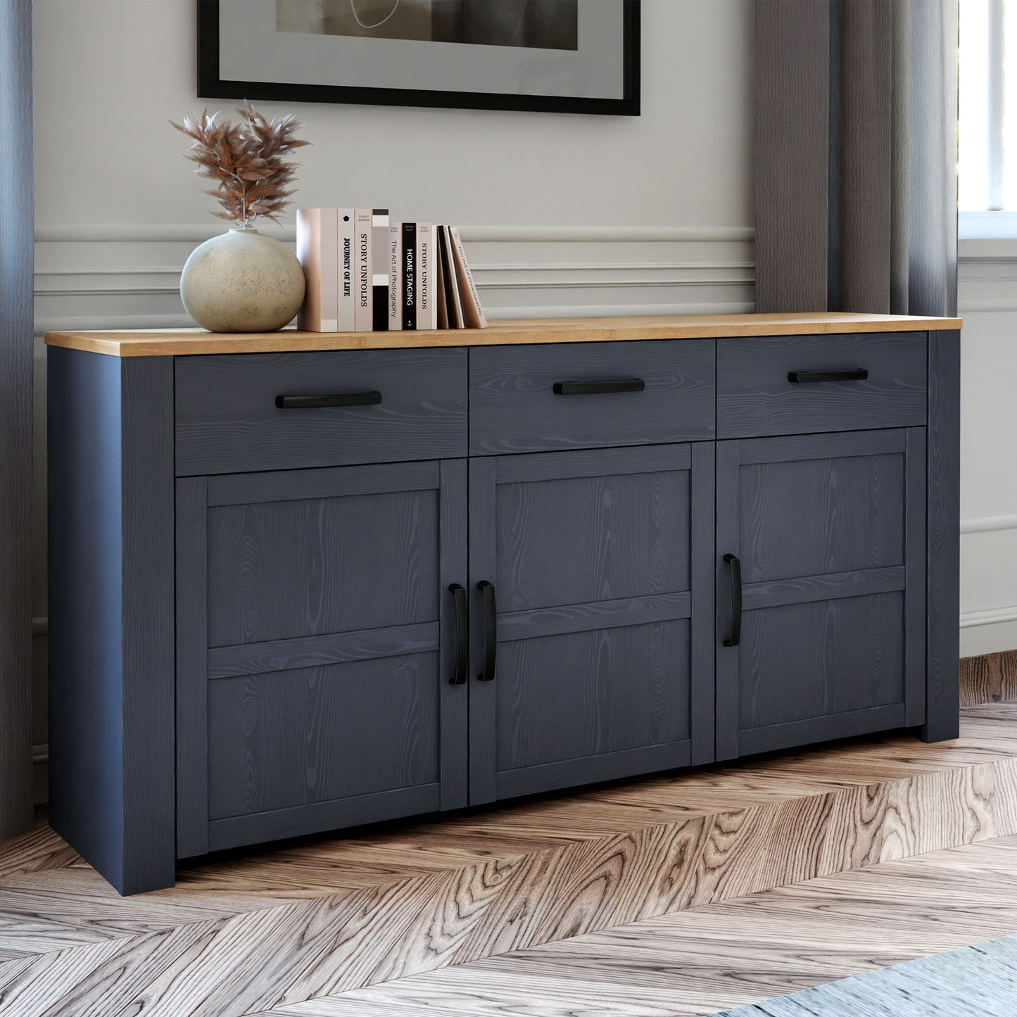 Furniture To Go Bohol 3 Door 3 Drawer Sideboard in Riviera Oak/Navy